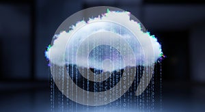 Digital Cloud Data Stream Falling as Binary Code Rain in a Dark Room