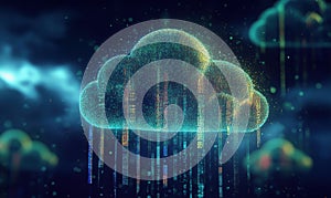 Digital cloud with data streams, glowing particles, and abstract rain effect, representing technology and data transfer