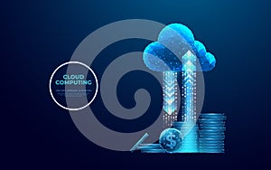 Digital cloud icon with arrows up and down and dollar coins tower.