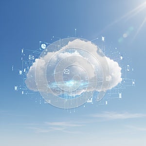 A digital cloud icon floats in a clear blue sky, symbolizing cloud computing.