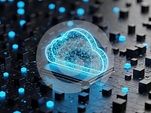Digital cloud icon hovering over circuit board
