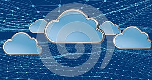 Digital cloud icons floating over network grid, representing online data storage