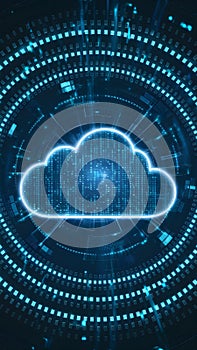 Digital cloud within a matrix, circular patterns suggesting cybernetic environment