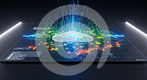 Digital cloud network analysis with vibrant data streams on a futuristic interface display