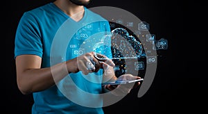 Digital Cloud Network: Person Interacting with Data