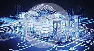 Digital cloud network with server racks and glowing data streams on a dark background illustration