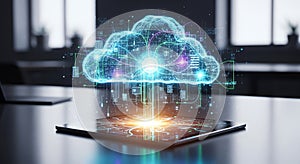 Digital Cloud Network on Tablet: Futuristic Data Connection and Technology Concept