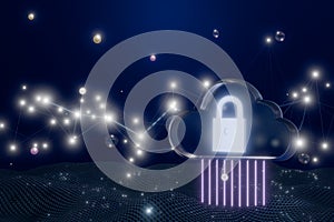 A digital cloud with a padlock, symbolizing cybersecurity and data protection in a network background. 3d rendering
