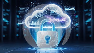 Digital Cloud Security Concept with Lock and Data Visualization