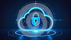 Digital cloud security concept with padlock, data protection and network connection.