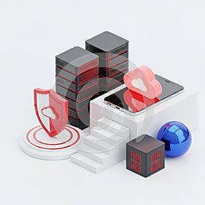 Digital Cloud Security and Data Storage Concept with Servers and Smartphone cloud computing