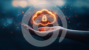 Digital Cloud Security Glowing Cloud Icon with Padlock in Open Hand, Data Protection Concept