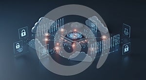 Digital Cloud Security Network with Central Processor and Data Icons