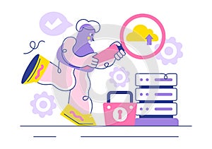 Digital Cloud Security Vector Illustration Featuring Safety and Data Protection for Networks, Internet, Hosting, and Backup