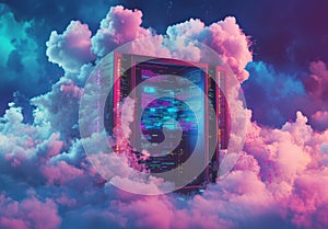 Digital cloud server with futuristic technology in a blue sky surrounded by clouds