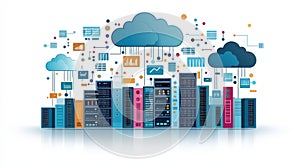 Digital Cloud Storage and Data Management Concept with Server Racks and Various Icons