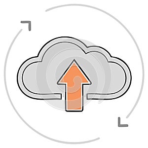Digital cloud storage icon with upward arrow representing data upload and synchronization