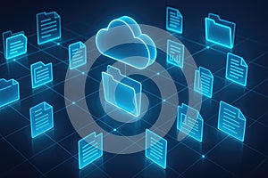 Digital cloud storage network with glowing folders and documents connected by lines on a grid cloud computing