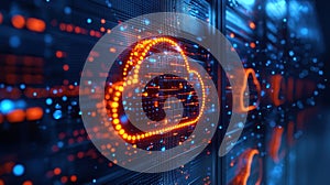Digital cloud storage symbol on a data server with glowing lights and data points