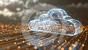 Digital Cloud Technology Concept with Glowing Binary Data Cloud and Network Lines Representing Cloud Computing and Data Storage in