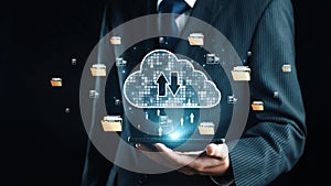 Digital Cloud Technology Concept with Hands Holding Tablet and Upload Download Icons, Data Storage, Connectivity, and