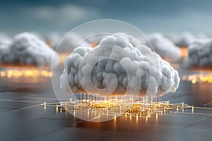 Digital Cloud Technology Concept with Illuminated Circuit Board Elements Generative AI