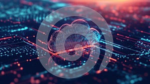 Digital cloud technology with glowing circuits and data