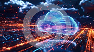 Digital cloud technology with glowing data streams and abstract background