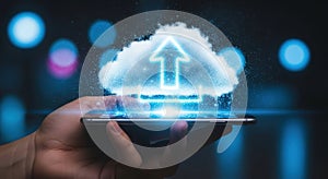 Digital cloud upload data storage concept hand holding phone futuristic technology abstract network