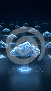 Futuristic Cloud Computing Network with Glowing Digital Clouds and Data Infrastructure
