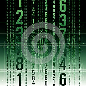 Digital code art composed of green vertical columns of numbers