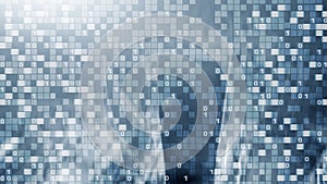 Digital code on blur city background. Abstract Binary code.