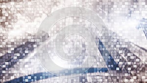 Digital code on blur city background. Abstract Binary code.