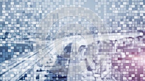 Digital code on blur city background. Abstract Binary code