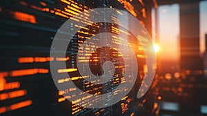 Digital code data flowing across a screen during sunset