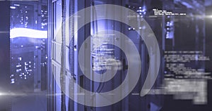 Digital code and data processing image over server racks in data center