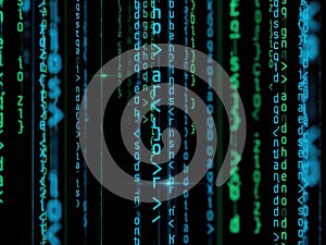 Digital code falling like rain in abstract technology background