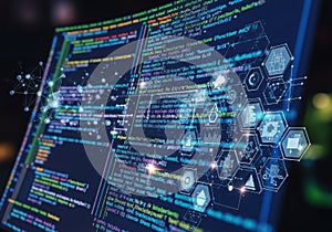 Digital Code Programming Screen with Data Visualization and Abstract Technology Icons