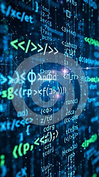 Digital Code and Programming Symbols in a Futuristic Tech Environment