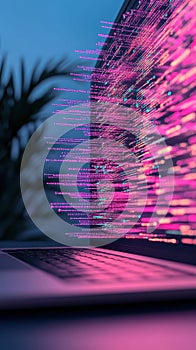 Digital code streams on a glowing screen, abstract data visualization.