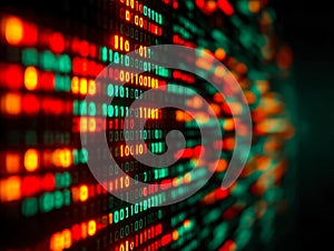 Digital code visualization with vibrant binary data in a dynamic display