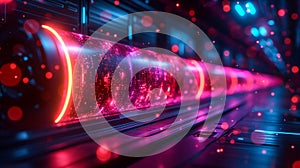 Digital coding data streams flow through vibrant cyber landscape, abstract background. Generative AI