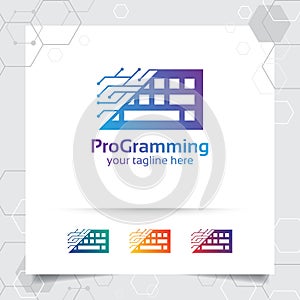 Digital coding logo vector design with concept of keyboard icon and programmer illustration for web development, UI/UX, desktop