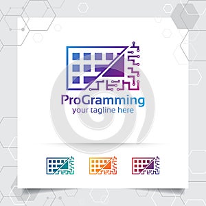 Digital coding logo vector design with concept of keyboard icon and programmer illustration for web development, UI/UX, desktop