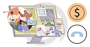 Digital Collaboration with Teamwork and Data Visualization on Computer Screen