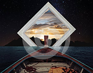Digital collage art, wooden boat journey to another world on ocean