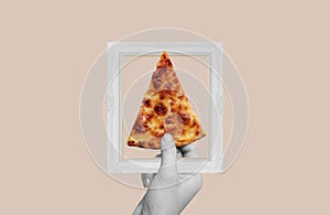 Digital collage, Hand holding slice of pizza