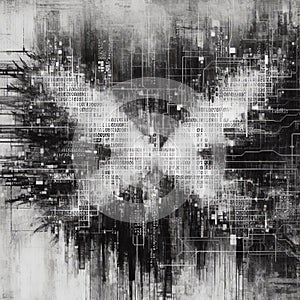 Digital Collage with Matrix Code Fragments Layers of black and w