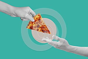 Digital collage modern art. Hand giving and receiving slice of cheese pizza