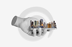 Digital collage modern art. Hand holding modern building, isolated on white backgrounds